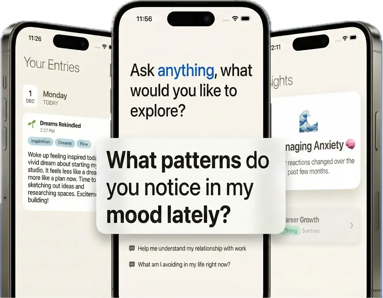 Elora journal app interface showing AI insights, voice journaling, and personal growth tracking features
