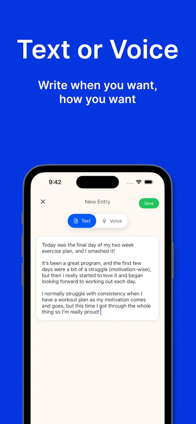 Elora voice journaling interface showing microphone and text input options for flexible journaling